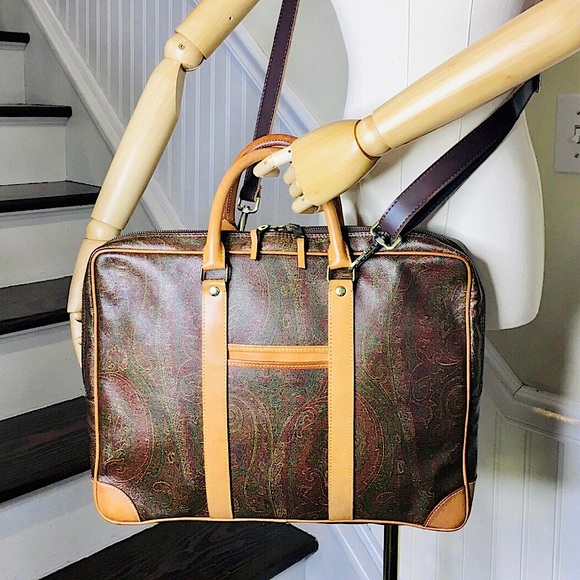 ETRO MILANO Red Paisley Coated Canvas Vachetta Leather Briefcase Laptop File Bag - Picture 1 of 17